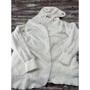 Hem & Thread Cotton Blend Chunky Fleece Open Front White Hooded Cardigan Sweater